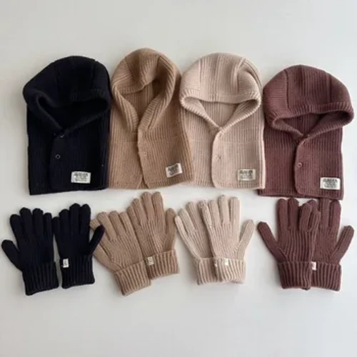 2PCS Pepe Hooded pulou Mittens Solid Winter Knitted Beanie ma totigilima mo teine ​​tama kolose sikafu pomu pulou meafaitino.