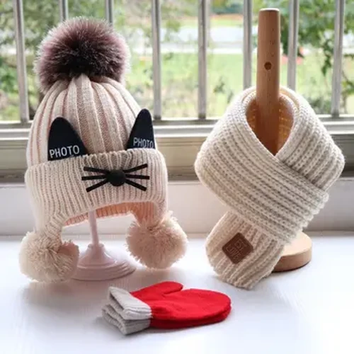 Herfst/Winter Babymuts en sjaalset Verdikte gebreide wollen kindermuts rond slabbetjeshandschoenen Schattige kat