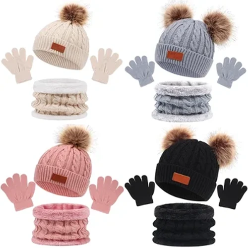 3Pcs Wanter Baby Hut Schal Handschuesch Set Solid Faarf Puppelcher Bonnet Cute Pompom Strickhut Outdoor Warm Puppelcher Accessoiren 1-5Y