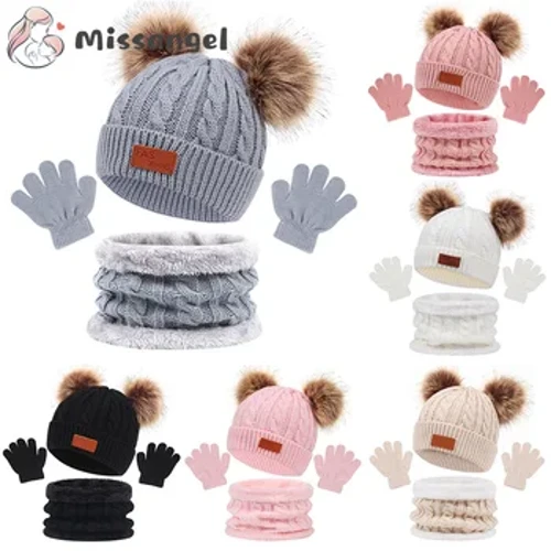 Topi Bayi Lucu Syal Sarung Tangan Set Beanie Topi Anak Topi Gadis Palsu Bola Pompon Mewah Tetap Hangat Musim Dingin Rajutan Skullies
