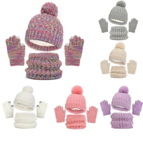 Balita Musim Dingin Setelan Hangat Rajutan Topi Selendang dan Sarung Tangan Set Solid Thermal Suit Anak Laki-laki Anak Perempuan Topi Set Hadiah Natal Pakaian Musim Dingin