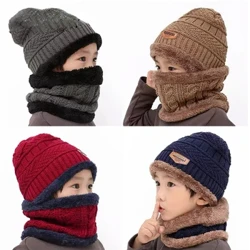 Crianças acessórios outono inverno crianças chapéu de malha e luva terno quente bebê círculo boné cachecol engrossar forro de lã 2-10y