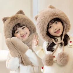 Musim Dingin Baru Telinga Kucing Fluffy Mewah Lucu Anak Syal Sarung Tangan Topi Satu Potong Menebal Lembut Mewah Hangat Dingin-bukti Telinga Perlindungan Topi