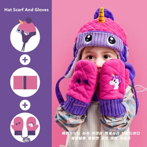 Dinosaurus Gaya Unicorn Anak-anak Ski Topi & Selendang Bayi Musim Dingin Topi Anak Sarung Tangan Anget Kanggo Laki-laki Anak Perempuan Suit Topi Selendang lan Sarung Tangan