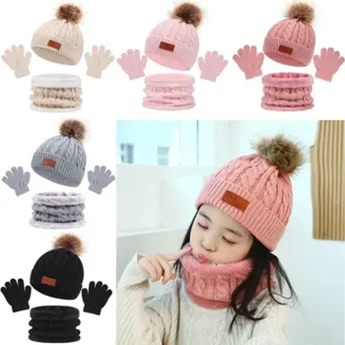 3 Màu Trơn Trẻ Em Bò Nón Khăn Dễ Thương 1-5Y Pompom Giữ Ấm Cổ Mũ Dệt Kim Mùa Đông Mũ Cho Bé Khăn Găng Tay bộ Tập Đi