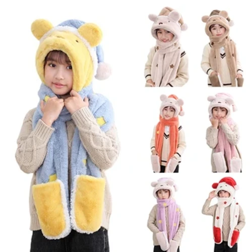 Syal Berkerudung Musim Dingin Kepala Hangat Bulu Musim Dingin Topi Syal Sarung Tangan Set Beruang Telinga Topi Syal Anak Topi Sarung Tangan Set Anak Perempuan 3-8Y G99C