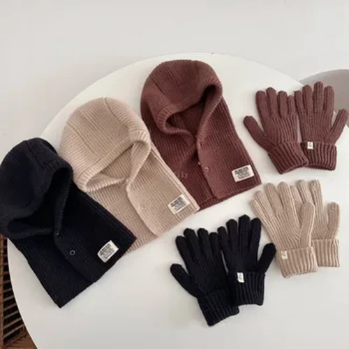 Gorros con capucha coreanos para bebé, gorros con manoplas, bufanda de una pieza, gorro de punto cálido para invierno, protección para los oídos, pasamontañas, conjuntos de guantes, 2 uds.