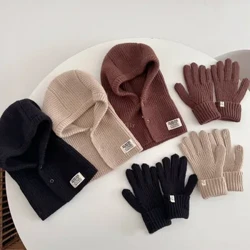 Gorros con capucha coreanos para bebé, gorros con manoplas, bufanda de una pieza, gorro de punto cálido para invierno, protección para los oídos, pasamontañas, conjuntos de guantes, 2 uds.