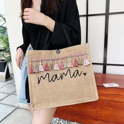 Túi Tote Nữ Mama In Chữ Cái Thời Trang Túi Xách Vải Lanh Dung Tích Lớn Mua Sắm Túi Đeo Vai Quà Tặng Ngày Của Mẹ Cho Mẹ