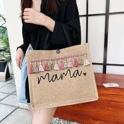 Túi Tote Nữ Mama In Chữ Cái Thời Trang Túi Xách Vải Lanh Dung Tích Lớn Mua Sắm Túi Đeo Vai Quà Tặng Ngày Của Mẹ Cho Mẹ