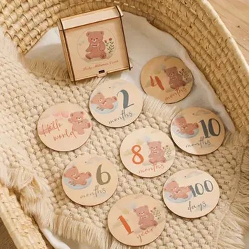 Kāleka Kiʻi Kiʻi ʻO ka mahina pēpē lāʻau ʻo Bear Shape Record Card Newborn Birthday Gift Souvenir Baby Photo Photography Accessories