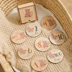 Wooden Baby Month Milestone Photo Cards Bear Shape Record Card Newborn Birthday Gift Souvenir Baby Photo Photography Accessories