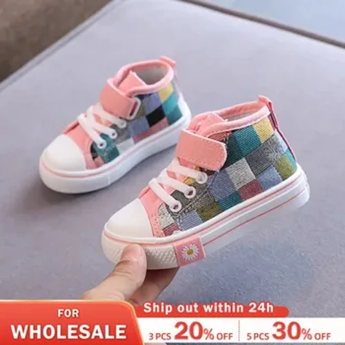 Sepatu Kasual Anak Laki-laki Anak Perempuan Sepatu Kanvas Dhuwur Top Kotak-kotak Lattice Fashion 2024 Anak SneakeBreathable