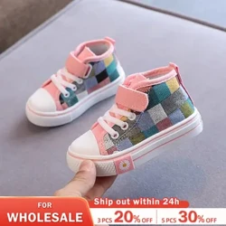 Sepatu Kasual Anak Laki-laki Anak Perempuan Sepatu Kanvas Dhuwur Top Kotak-kotak Lattice Fashion 2024 Anak SneakeBreathable