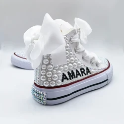 Chaussures pour enfants, Design personnalisé avec nom, baskets en toile pour fête d'anniversaire de Communion pour filles, faites à la main, avec perles arc-en-ciel scintillantes