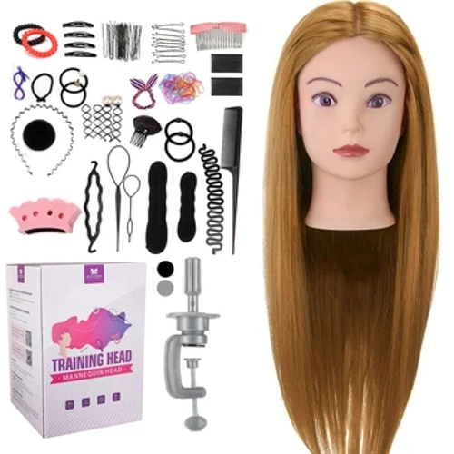 Cabeça de manequim com cabelo ral 80%, boneca de penteado de 26 polegadas, cabeça de treinamento, loiro dourado, penteados de cabeleireiro, mini tripé