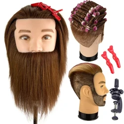 Kepala Manekin Pria dengan 100% Rambut Manusia Nyata Ireng Kanggo Praktek Penata Rambut Kosmetologi Pelatihan Kepala Boneka Kanggo Styling Rambut