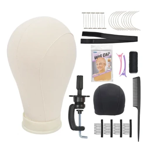 Conjunto de cabeça de bloco de lona com braçadeira de suporte C para fazer perucas, exibir e estilizar cabeça de manequim