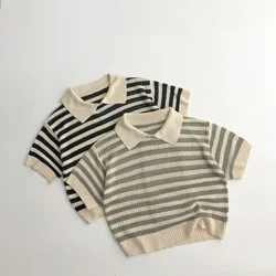 Printemps Automne Nouveaux Enfants Tricot Évider Polo Fille Bébé Lâche Manches Courtes Hauts Pullover Garçon Enfant Décontracté Rayé T-shirts