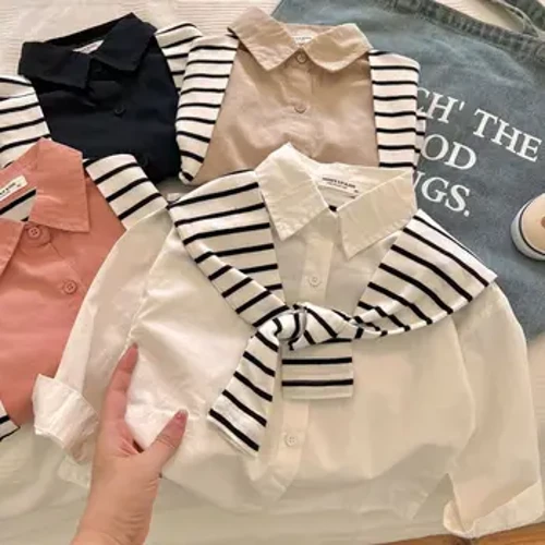 Barneskjorte 2023 vår og høst Ny falsk todelt ensfarget sjalskjorte for gutter og jenter Baby Polo-topp