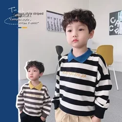 Áo Sơ Mi Polo Bé Trai Áo Nỉ 2023 Mới Xuân Thu Sọc Top Cho Bé Phong Cách Hàn Quốc Quần Áo Trẻ Em
