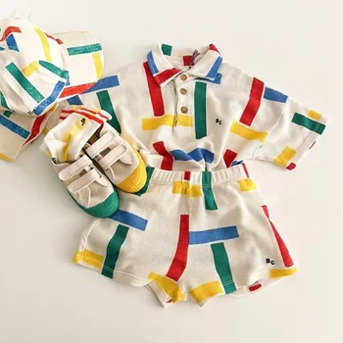 2023 SM Musim Panas Gadis Korea Gaya Kontras Lucu Persegi Polo Neck Waffle T-shirt Set Anak Pakaian Anak