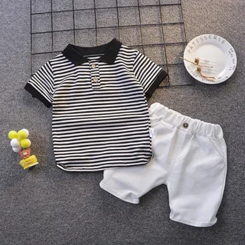Setelan Kaos Polo bayi Laki-laki 0-5 Taun Musim panas bocah-bocah wadon Stripe Set Busana Unisex