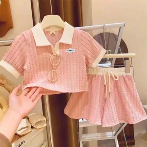 Pakaian Gadis Trendi Kaos Polo Vein Musim Panas dan Celana Pendek Longgar 2 Set Gadis Remaja Dopamin Nganggo Pakaian Preppy Gym Tracksuit