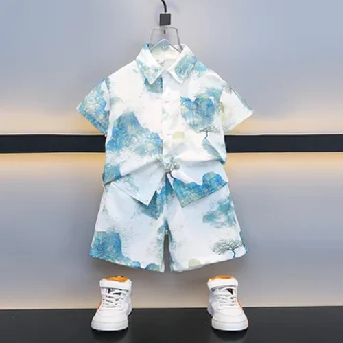 Bộ Đồ Bé Trai Áo Polo Tay Ngắn + Quần Short Ống Rộng Bộ 2 Món In Mực Thoáng Khí Phong Cách Đường Phố Thường Ngày Bộ Đồ Trẻ Em