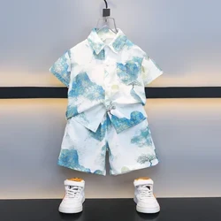 Setelan Anak Laki-laki Kaos Polo Lengan Pendek + Celana Pendek Longgar Set 2 Potongan Tinta Cetak Bernapas Kasual Gaya Jalanan Set Anak