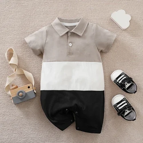 Musim Panas Anak Laki-laki dan Perempuan Tri Warna Panel Kaos POLO Semua Katun Kasual Nyaman Lengan Pendek Baju Bayi Bodysuit