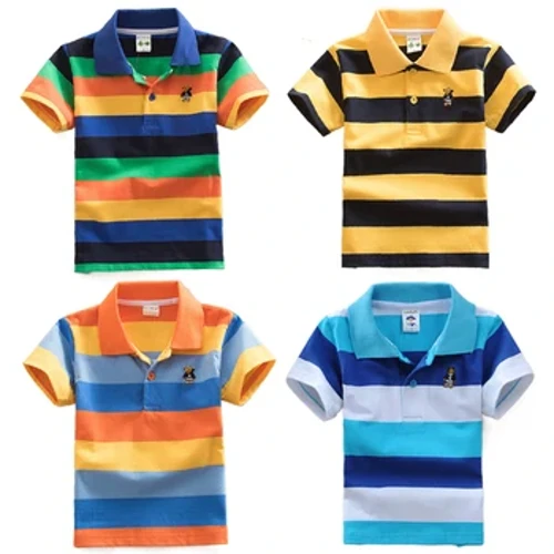 Crys T i Fechgyn Plant yr Haf Llewys Fer Stripe Tees Cartwn Arth Brodwaith Top Pobl Ifanc Crys Polo Anadladwy Dillad Plant