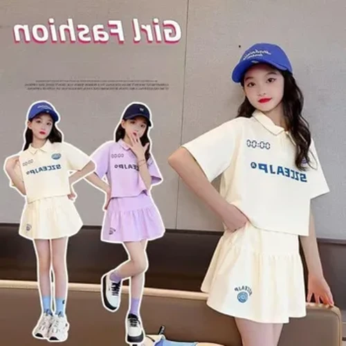 Musim Panas Gadis Remaja Set Pakaian Anak Huruf Cetak Kerah Kaos dan Rok Setelan Anak Lengan Pendek Polo Atas Bawah Pakaian Latihan Yg Hangat