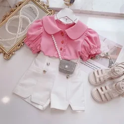Ropa elegante Harajuku ajustada para niños, pantalones cortos deportivos informales holgados que combinan con todo, POLO con botones sólidos, conjunto de dos piezas