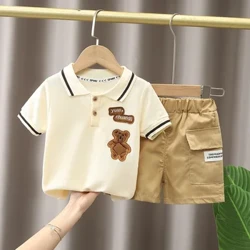 Quần áo mùa hè dành cho bé trai Bộ đồ ngắn tay dành cho trẻ em Mùa hè phong cách mới cho bé Áo sơ mi polo sọc thời trang dành cho bé trai Bộ hai món