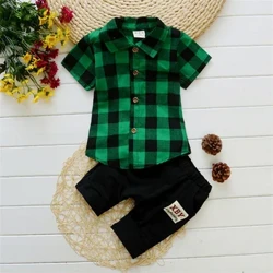 Set Babanod 2PCS Ffasiwn Haf Plant Gwiriwr Crys Polo Patrwm Set Shorts Llewys Byr