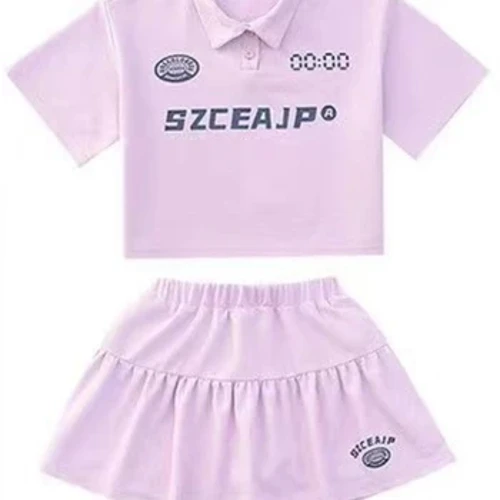 Musim Panas Gadis Remaja Set Pakaian Anak Huruf Cetak Kerah Kaos dan Rok Setelan Anak Lengan Pendek Polo Atas Bawah Pakaian Latihan Yg Hangat
