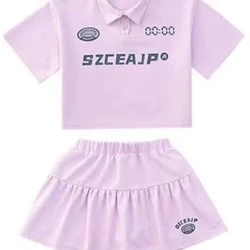 Set Dillad Merched Arddegau'r Haf Plant Llythrennau Argraffu Lapel Crys T a sgertiau Siwt Plentyn Llewys Fer Polo Top Tracksuit Gwaelod