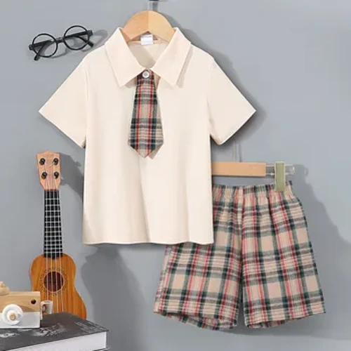 【Gratis slips】 2-st uppsättning pojkkläder för pojkar Kortärmad pikétröja+shorts 3-7 år gamla Sommar Casual Khaki Rutig Barn Pojkdräkt