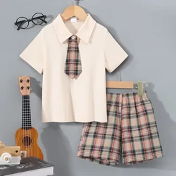[Cà Vạt Miễn Phí] Bộ 2 Bộ Quần Áo Bé Trai Áo Sơ Mi Polo Tay Ngắn + Quần Short 3-7 Tuổi Mùa Hè Thường Ngày Kaki Kẻ Sọc Bộ Đồ Bé Trai