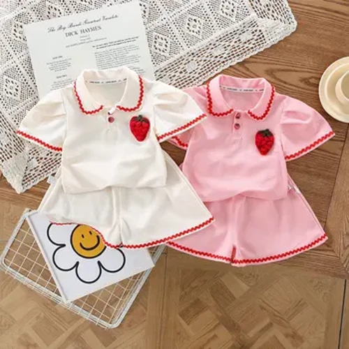 Pakaian Bayi Gadis Pakaian Rajut Musim Panas Kaos Polo & Celana Pendek Set 2 Buah 3D Dekorasi Strawberry Balita Gadis Katun Pakaian Latihan Yg Hangat