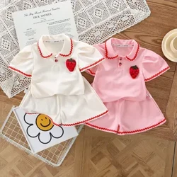 Haurtxoentzako arropa Udako puntuzko arropa Poloa eta galtza motzak 2 pieza multzoa 3D marrubi dekorazioa Neska txikien kotoizko txandala