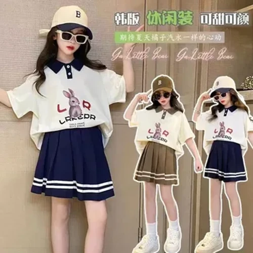 Girls' College Style JK hamepuku Summer Sweet poolopaita + laskostettu hame Kaksiosainen setti ulkovaatteisiin Lasten setit Longuewear