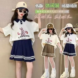 Gaya College Gadis JK Setelan Rok Musim Panas Manis Polo Shirt + Rok Lipit Set Dua Potong untuk Pakaian Luar Set Anak-anak Longuewear