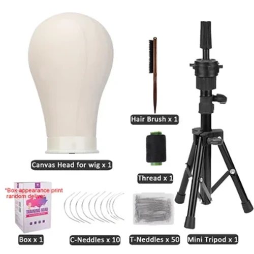 Wig Training Mannequin Head, Canvas Block Head, Wig Display, Styling Head, Wig Holder Stand for Wig Faking with Mini Tripod, 22