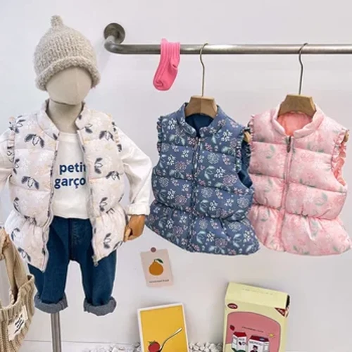 Moda calduroasă pentru fetițe haină puf vestă cu mâneci cu volane, vestă roz pentru copii, vestă de bumbac, îmbrăcăminte exterioară pentru copii 1-6 ani