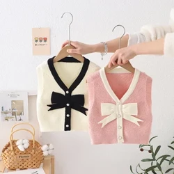 Plant Babi Merched Fest Siwmper Gwau Gwanwyn Hydref Dillad Babanod Cardigan Waistcoat Cotwm Dillad Bwa Achlysurol Plant 2-6Y