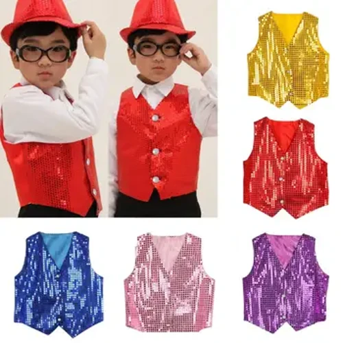 Trẻ em Hip-Hop Jazz Nhảy Đường Phố Áo Vest Bé Trai Bé Gái Sáng Bóng Đầm Áo Trẻ Em Dàn Hợp Xướng Tiệc Giáng Sinh Diễn Sân Khấu Trang Phục