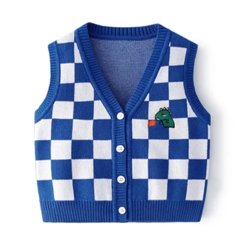 Strikkevest for barn med V-hals rutete ermeløs kåpe Babygenser cardigan bomullsvest for gutt jente vår høstklær