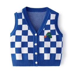 Fest Knit Plant Gwddf V Plaid Côt lewys Llewys Siwmper Babanod Cardigan Waistcot Cotwm ar gyfer Bachgen Merch Dillad Gwanwyn yr Hydref